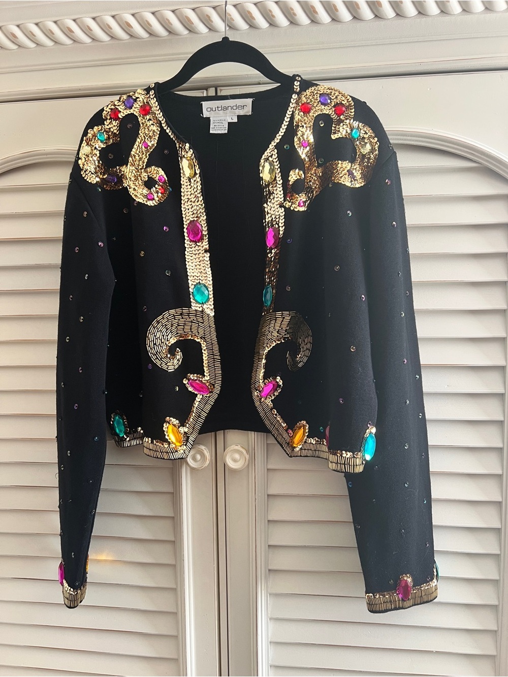 Vintage Outlander Black Embellished Sequin Jacket with Multicolor Gem Accents